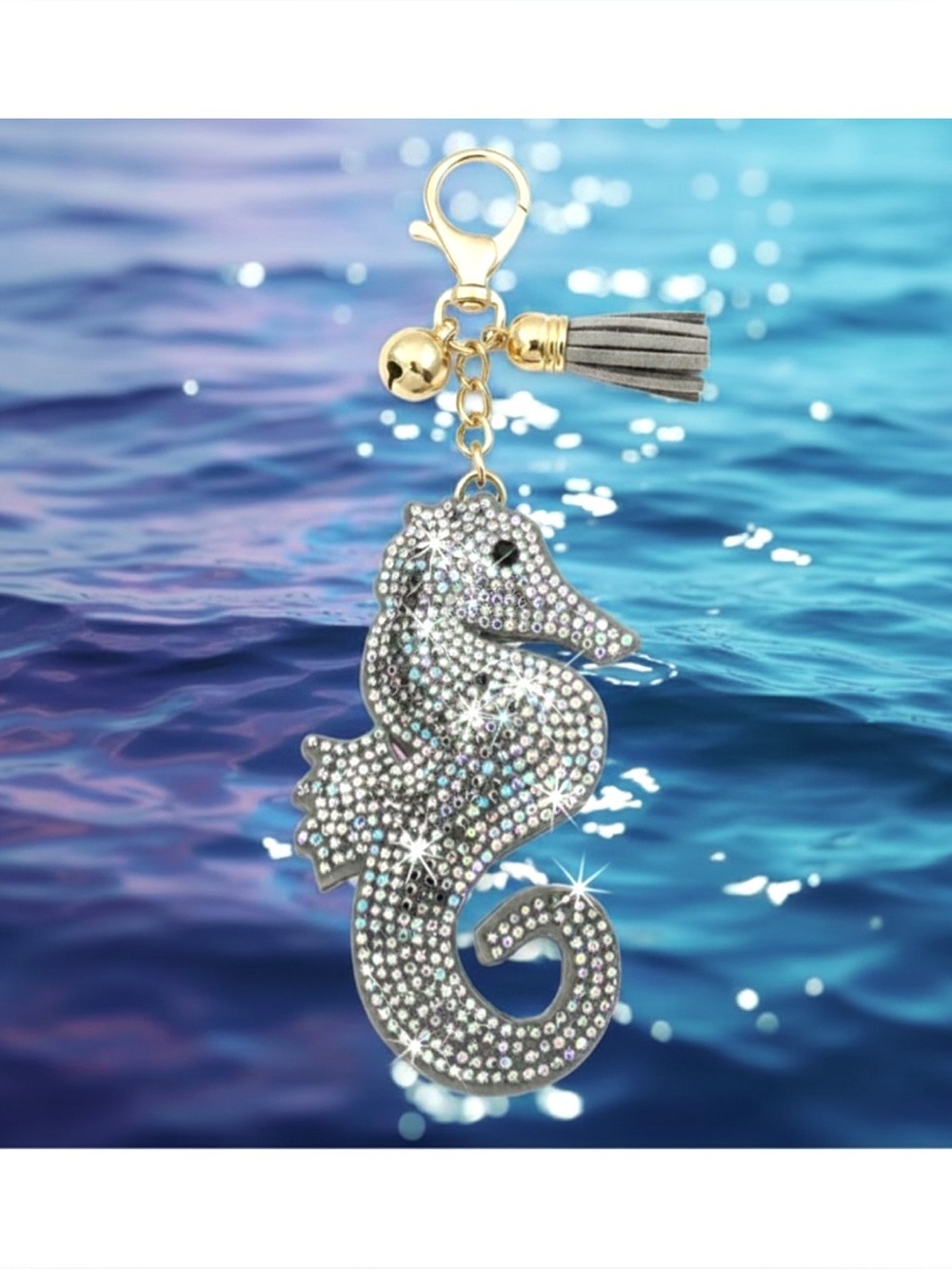 🐠🆕 Seahorse Crystal Keychain and Bag Charm 🐙 Grey Bling